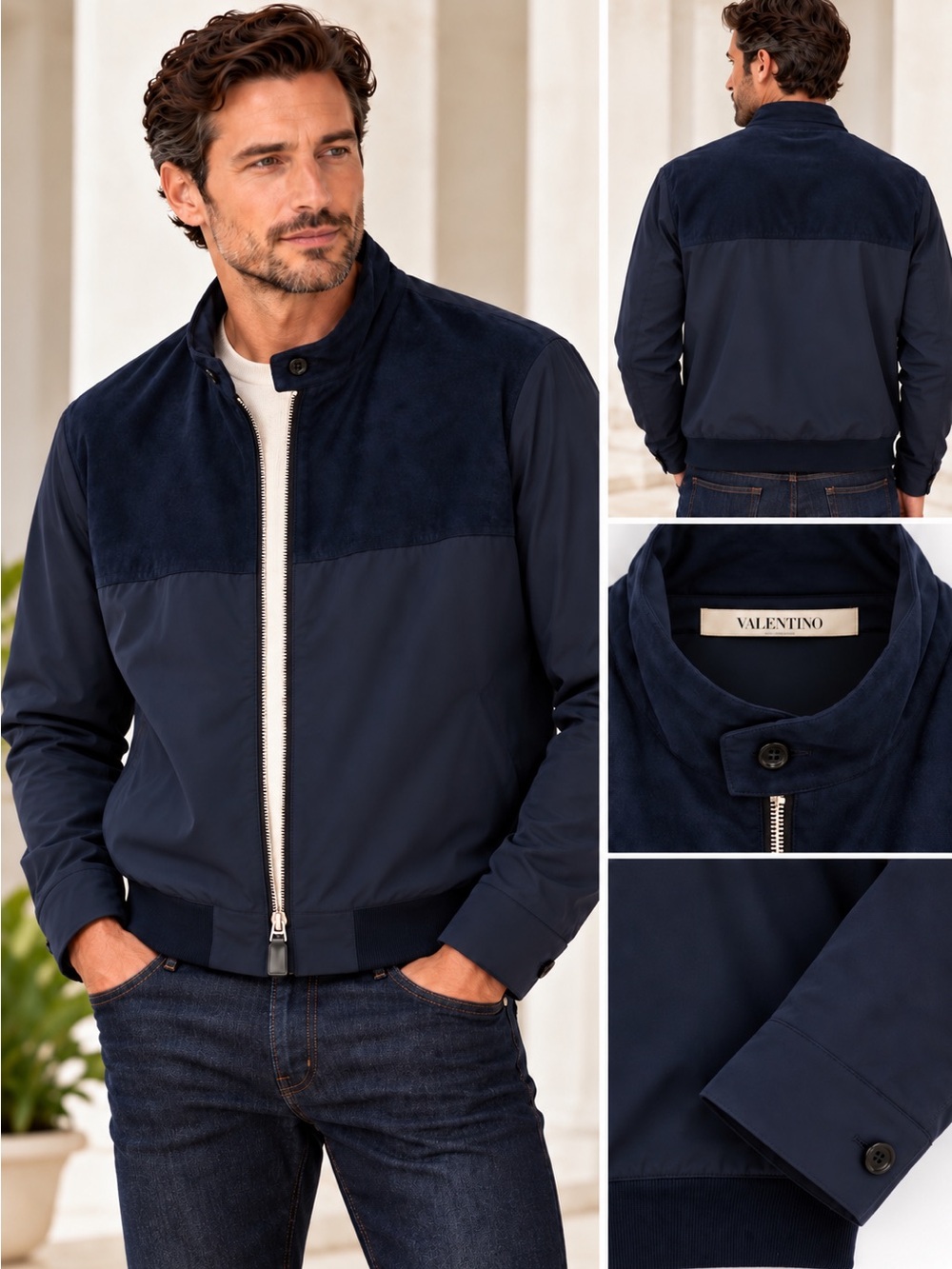 VALENTINO - Navy Suede & Fabric Zip-Up Jacket Coat